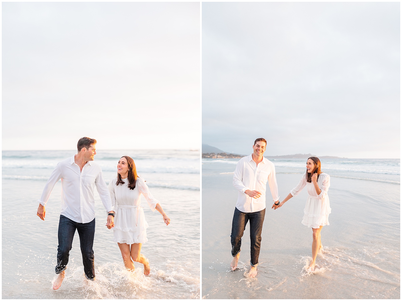 dipping toes in ocean at engagement session