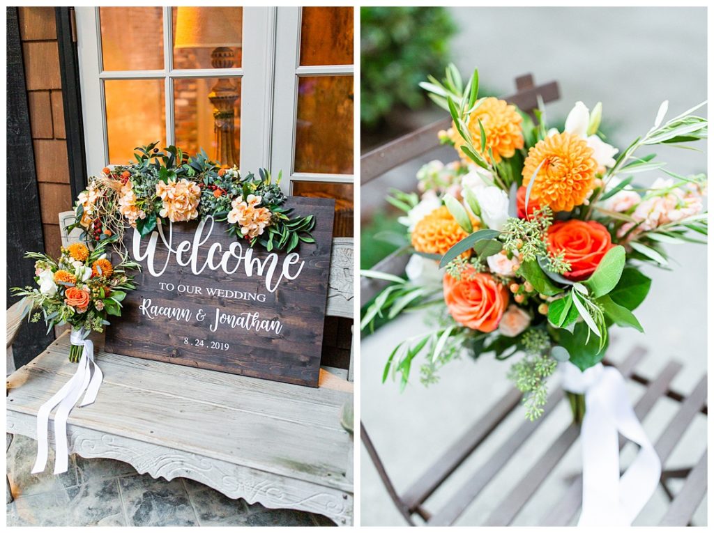 wedding day welcome sign and florals