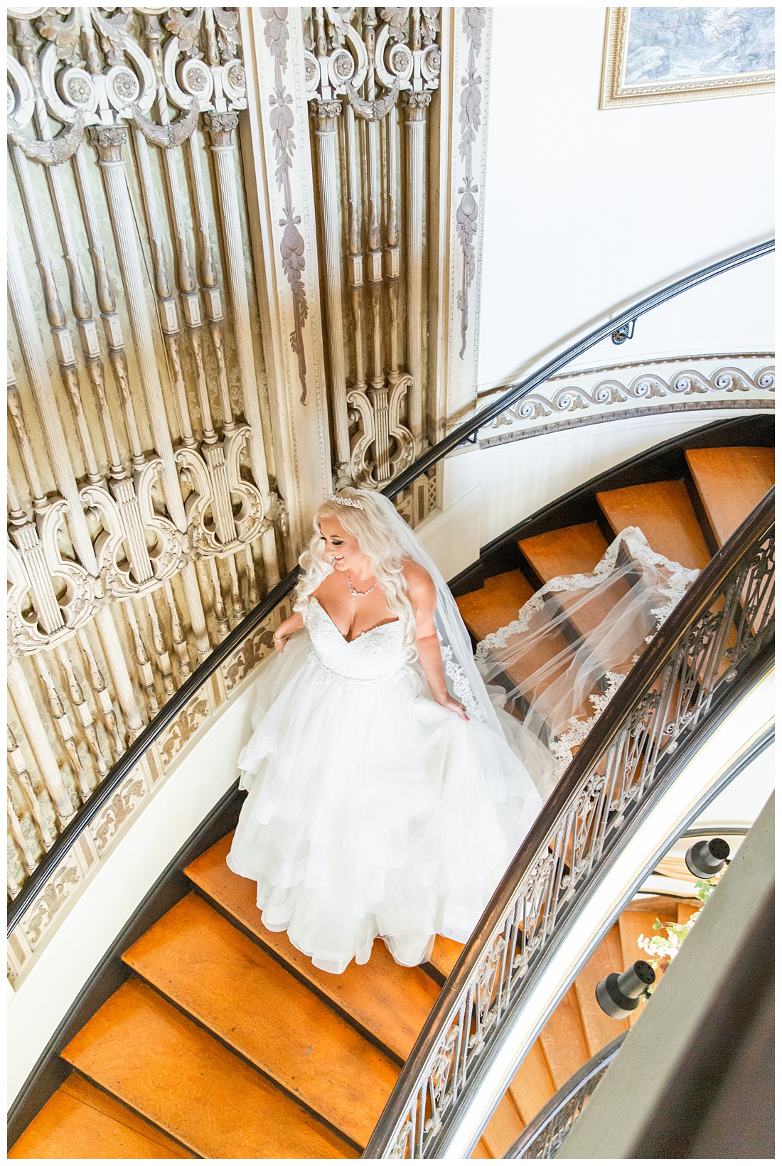 staircase photos on wedding day