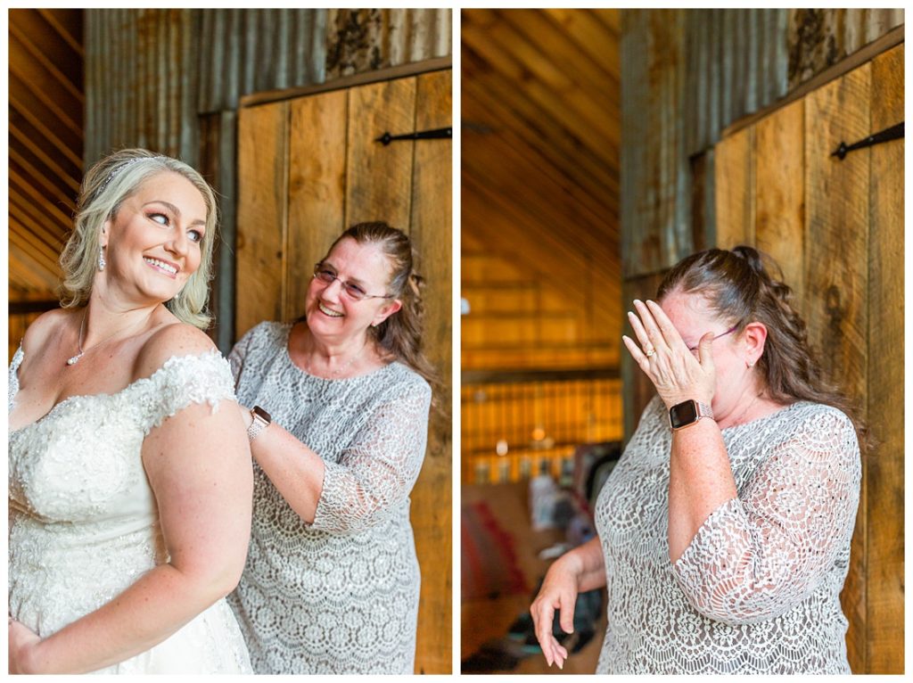 mom zipping brides wedding dress