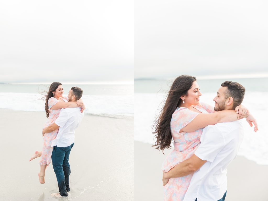 lift pose on the beach for engagement photos