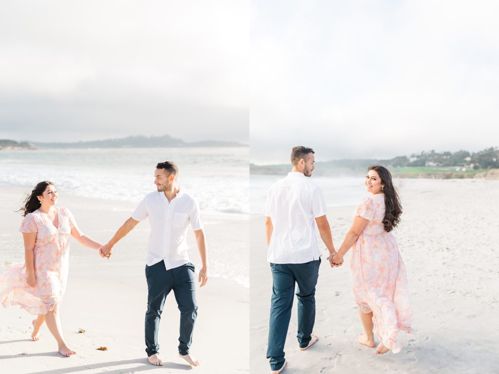 couple walking on the beach for engagement photos