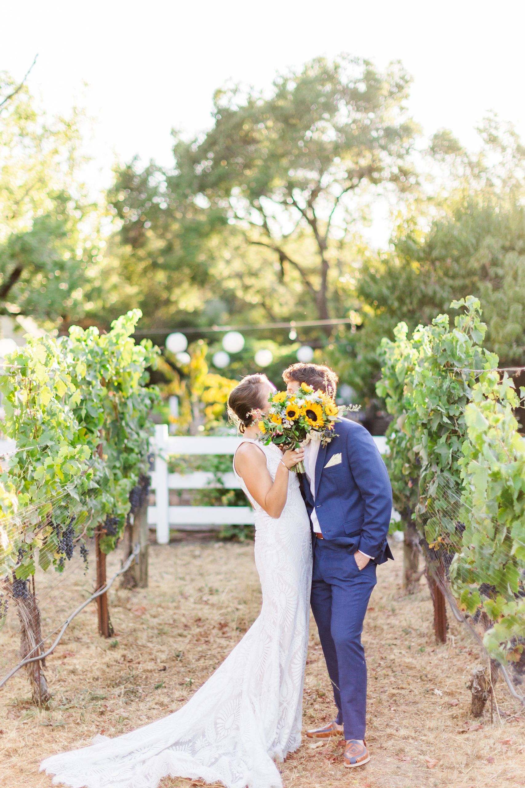 bride and groom kissing in the vineyards
