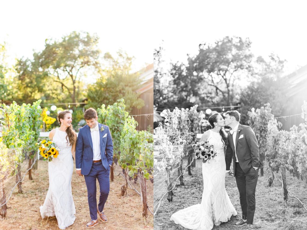 bride and groom walking through the vineyard portraits
