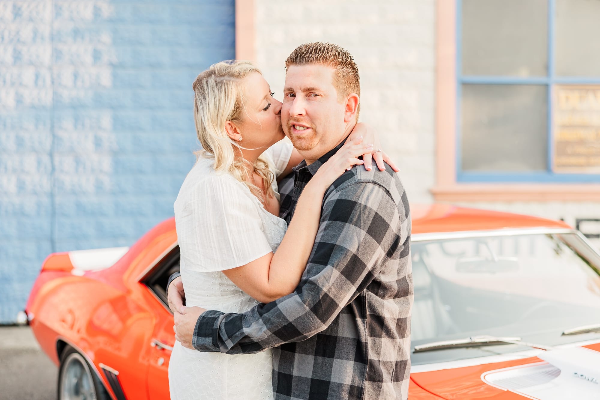 engagement photo with old camero