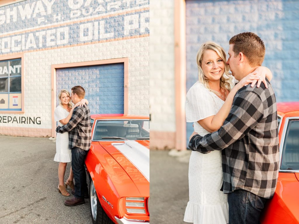 engagement photo with old car at old shop