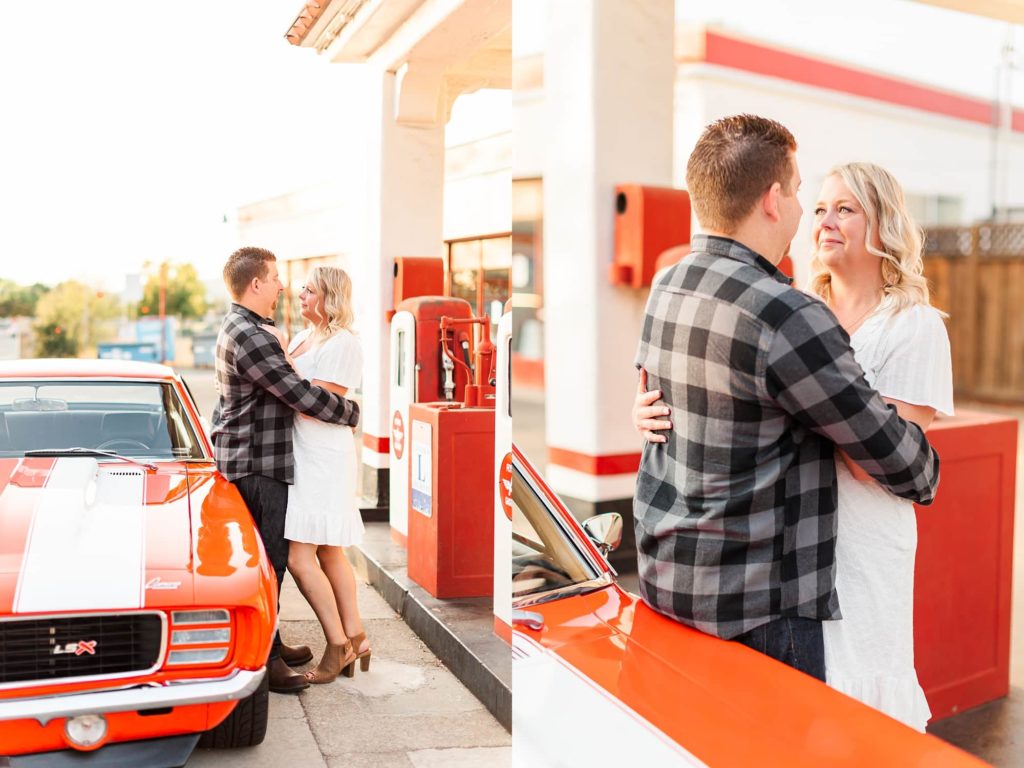 old gas station engagement photos with old car