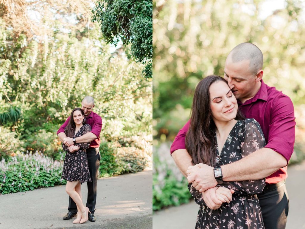 guy hugging girl and kissing her pose at engagement session