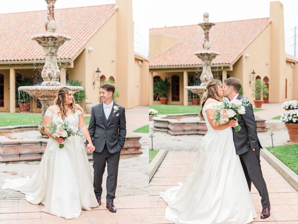 bride and groom walking and kissing pose at wedding