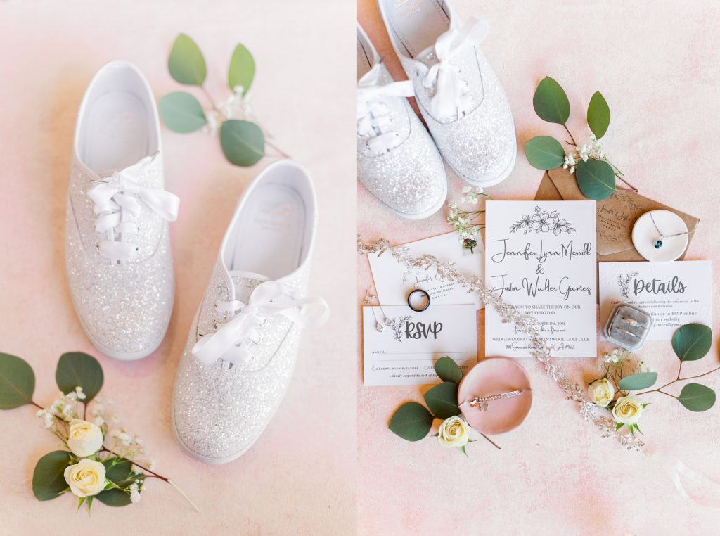 wedding invitation suite flatlay and shoes flatlay