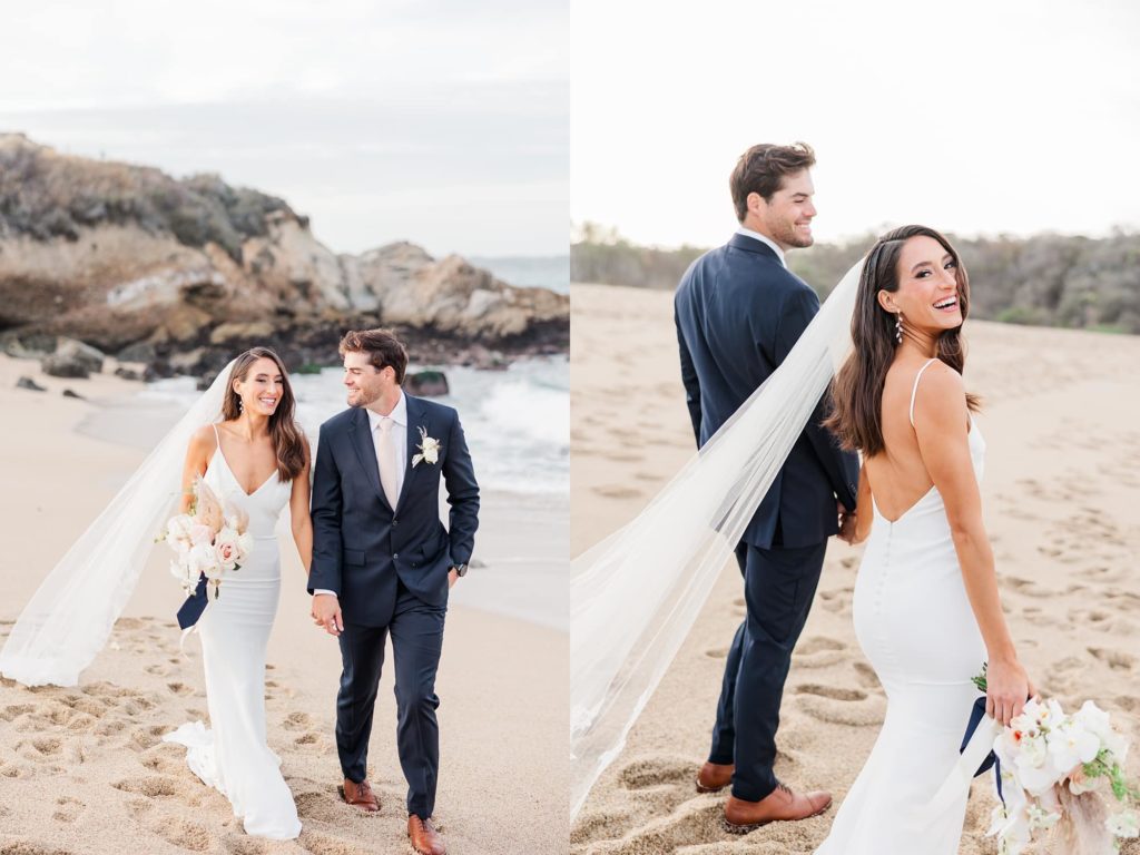 bride and groom walking pose photos on beach