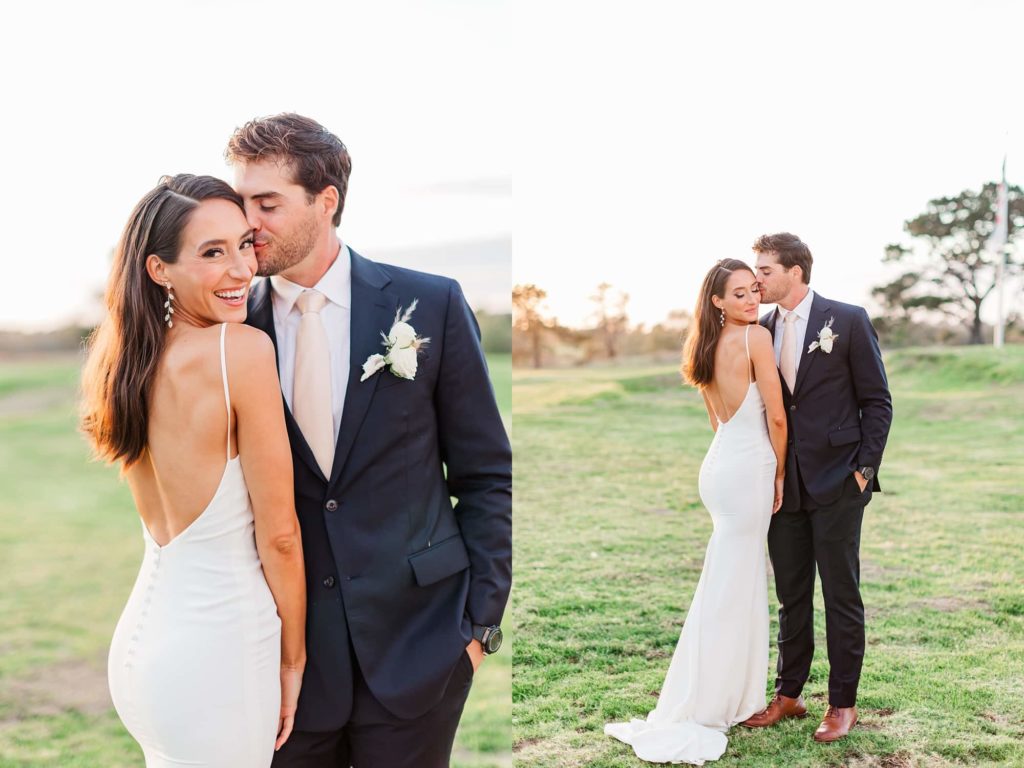 romantic sunset photos of bride and groom on golf course