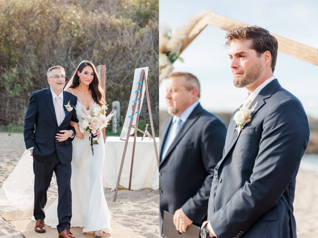 emotional groom seeing his bride for the first time walking down the ceremony