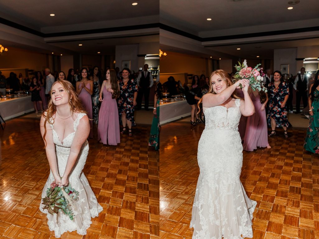 bouquet toss during wedding reception