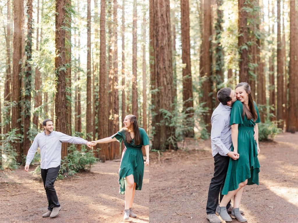 couple having fun during engagement session at joaquin miller park