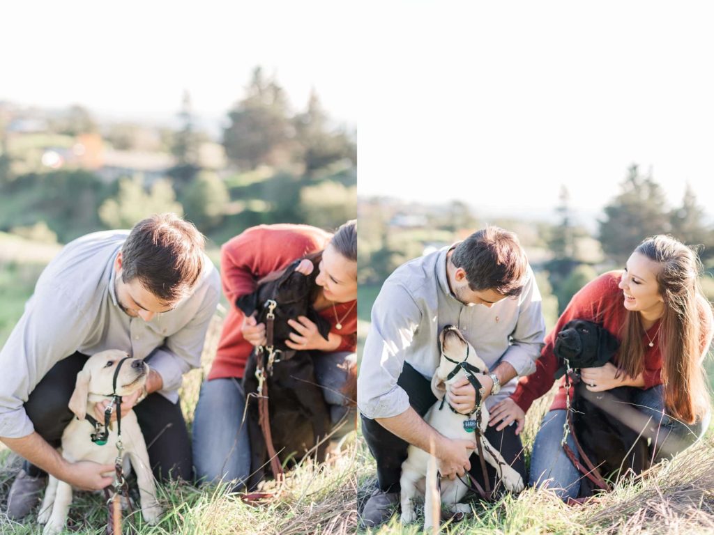 couple loving on their dogs during photoshoot