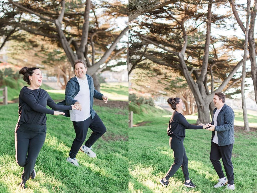 couple dancing at lovers point park, monterey engagement photos