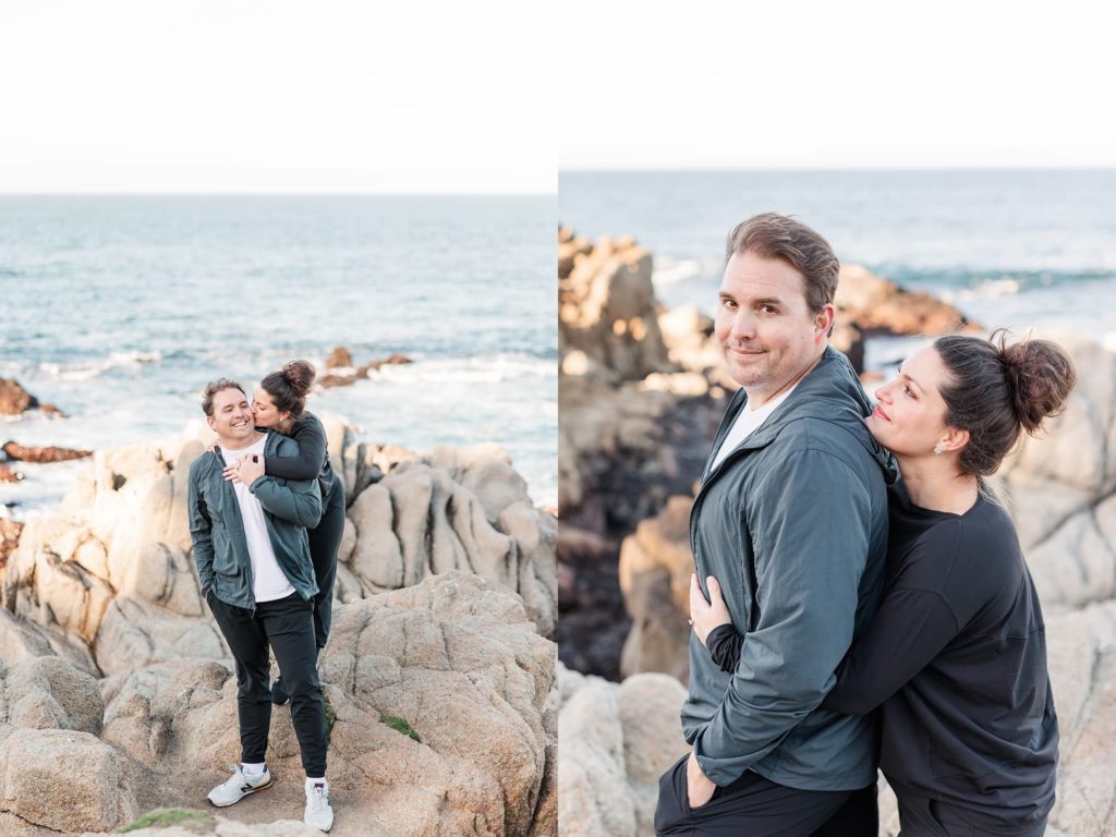 girl admiring her guy during engagement photos on the beach