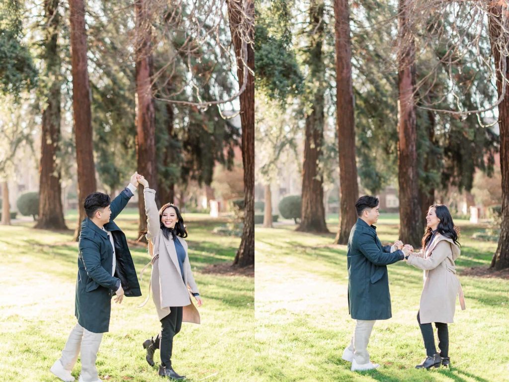 couple dancing during stockton engagement photos