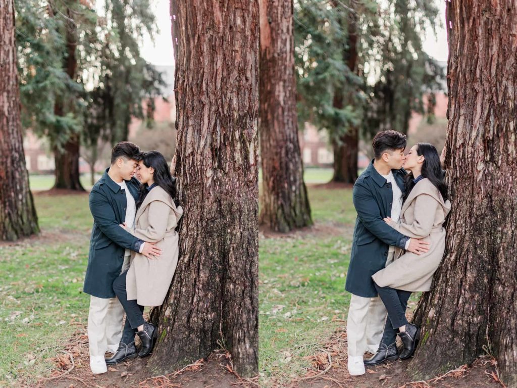 romantic photo of couple leaning on a tree pose