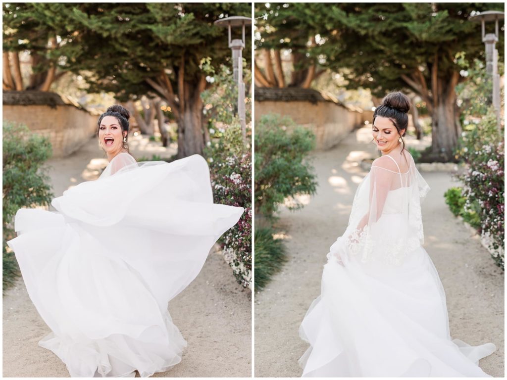 bride dancing with flowy wedding dress