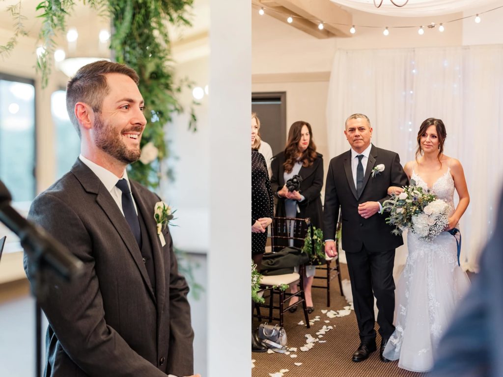 groom sees bride coming down the aisle for the first time