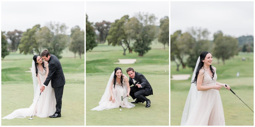 groom teaching bride how to golf on putting green at wedding