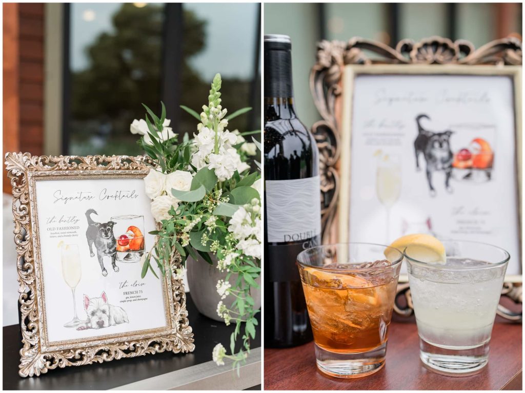 specialty drinks at bar on wedding day