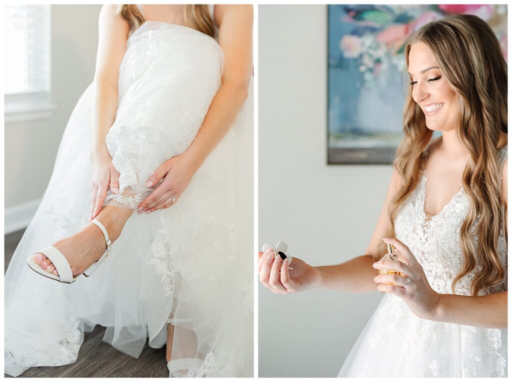 bride getting shoes on and putting on perfume