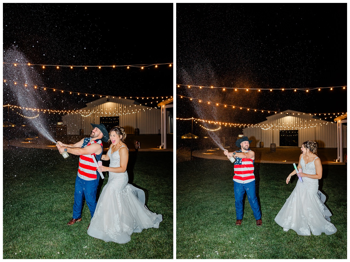 bride and groom late night champagne pop