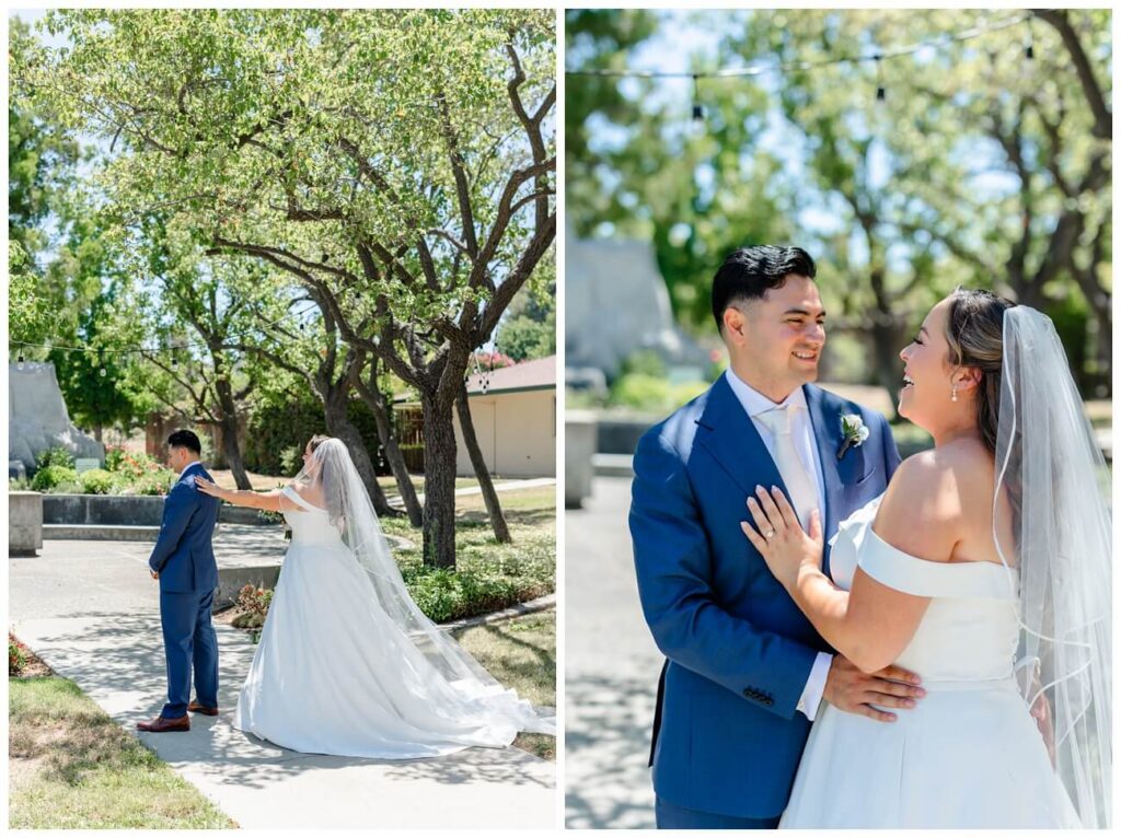 Bride and groom smiling during first look moment before ceremony | Livermore wedding photographer candid moment
