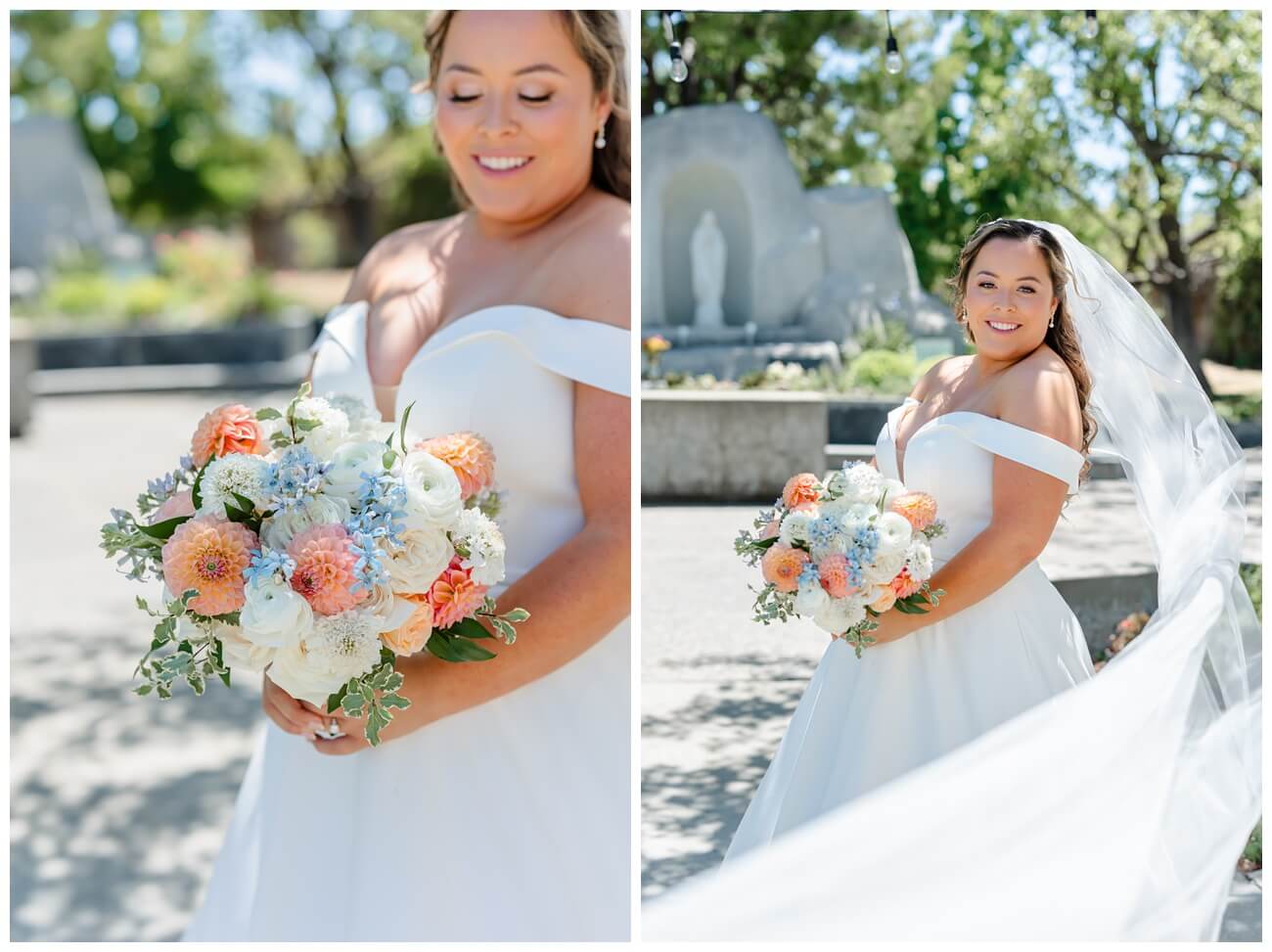 Bride holding colorful bouquet with peach, white, and blue flowers | vineyard wedding portrait Livermore