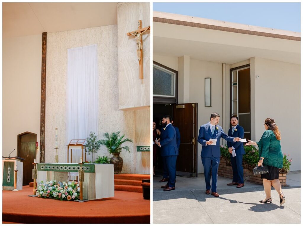 Catholic wedding ceremony setup inside church and guests arriving outside St Augustine Pleasanton