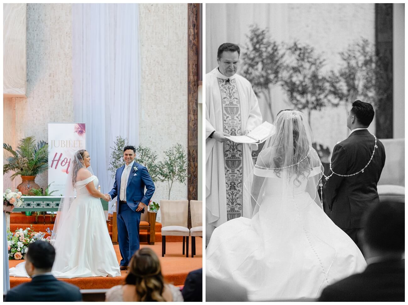Bride and groom holding hands during Catholic ceremony at St Augustine Church before Garre winery wedding in Livermore