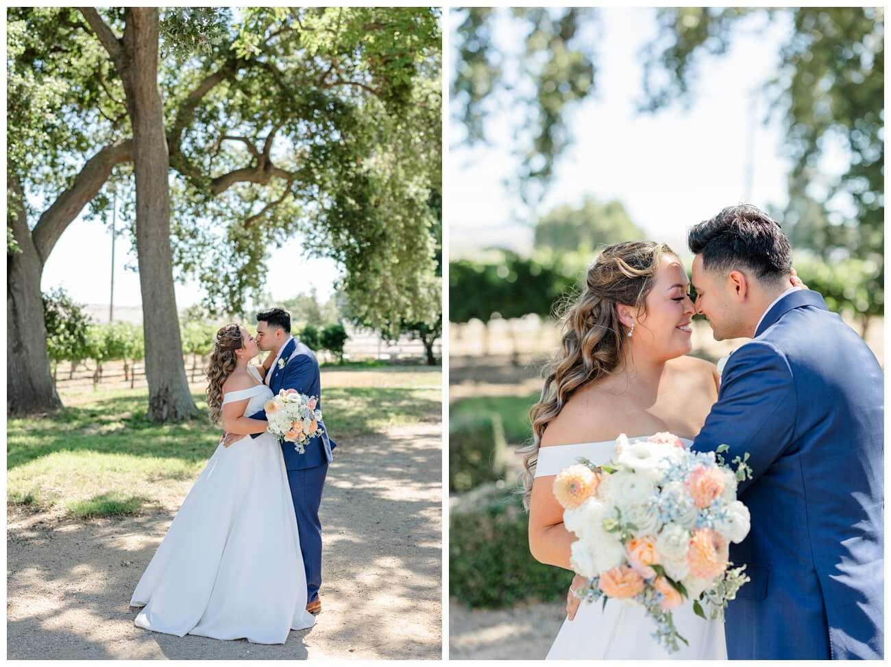 Bride and groom kissing during golden hour portraits at Garre winery wedding in Livermore California vineyard