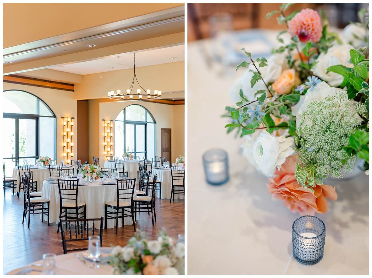 Reception design with round tables and floral centerpieces at Garre winery wedding venue in Livermore California
