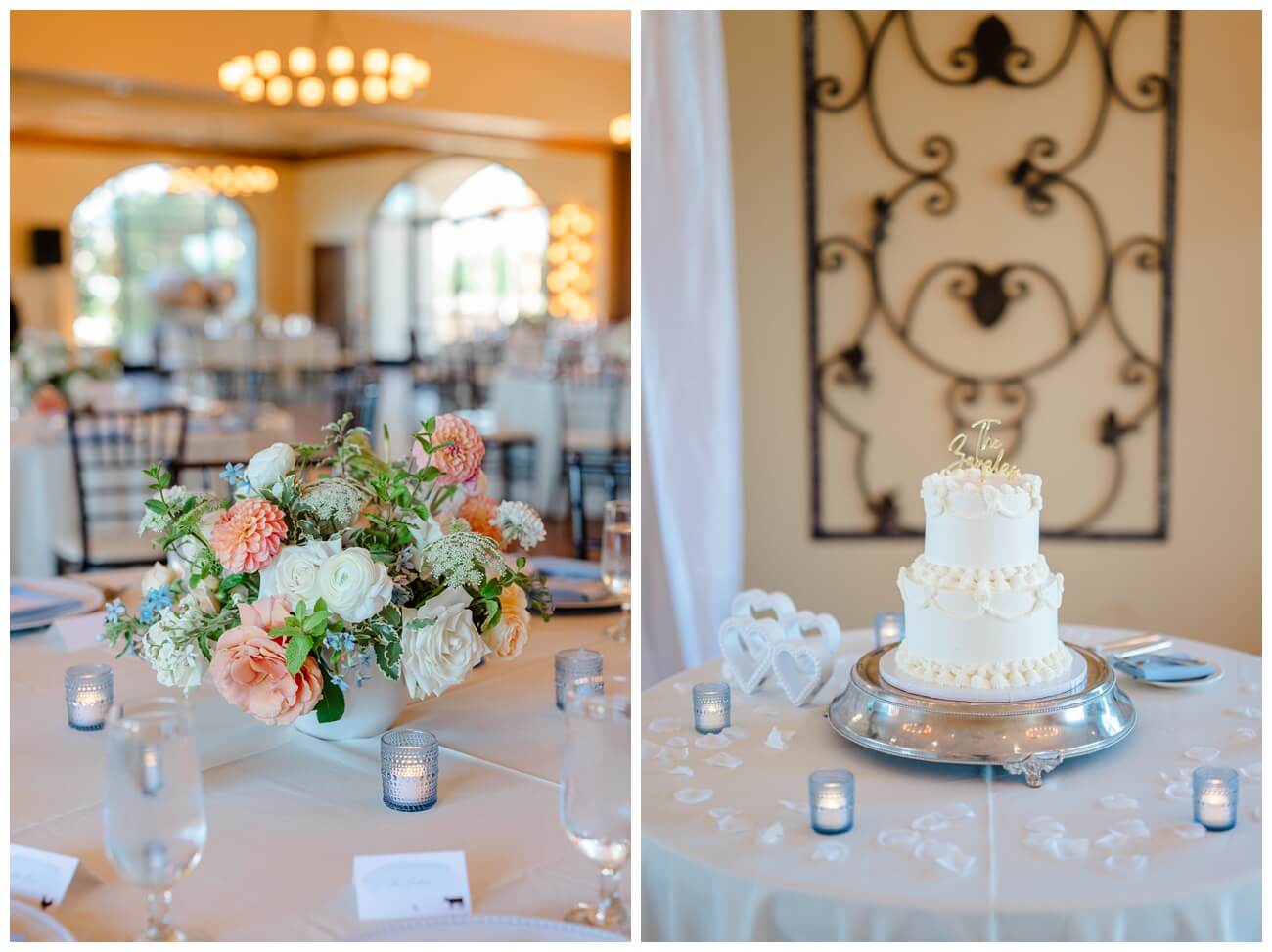 Wedding cake display with floral centerpiece at Garre winery wedding reception Livermore California