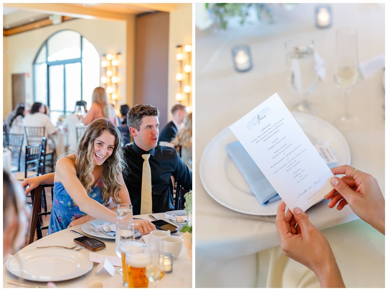 Wedding guests seated at reception table with menu and place settings at Garre winery wedding Livermore