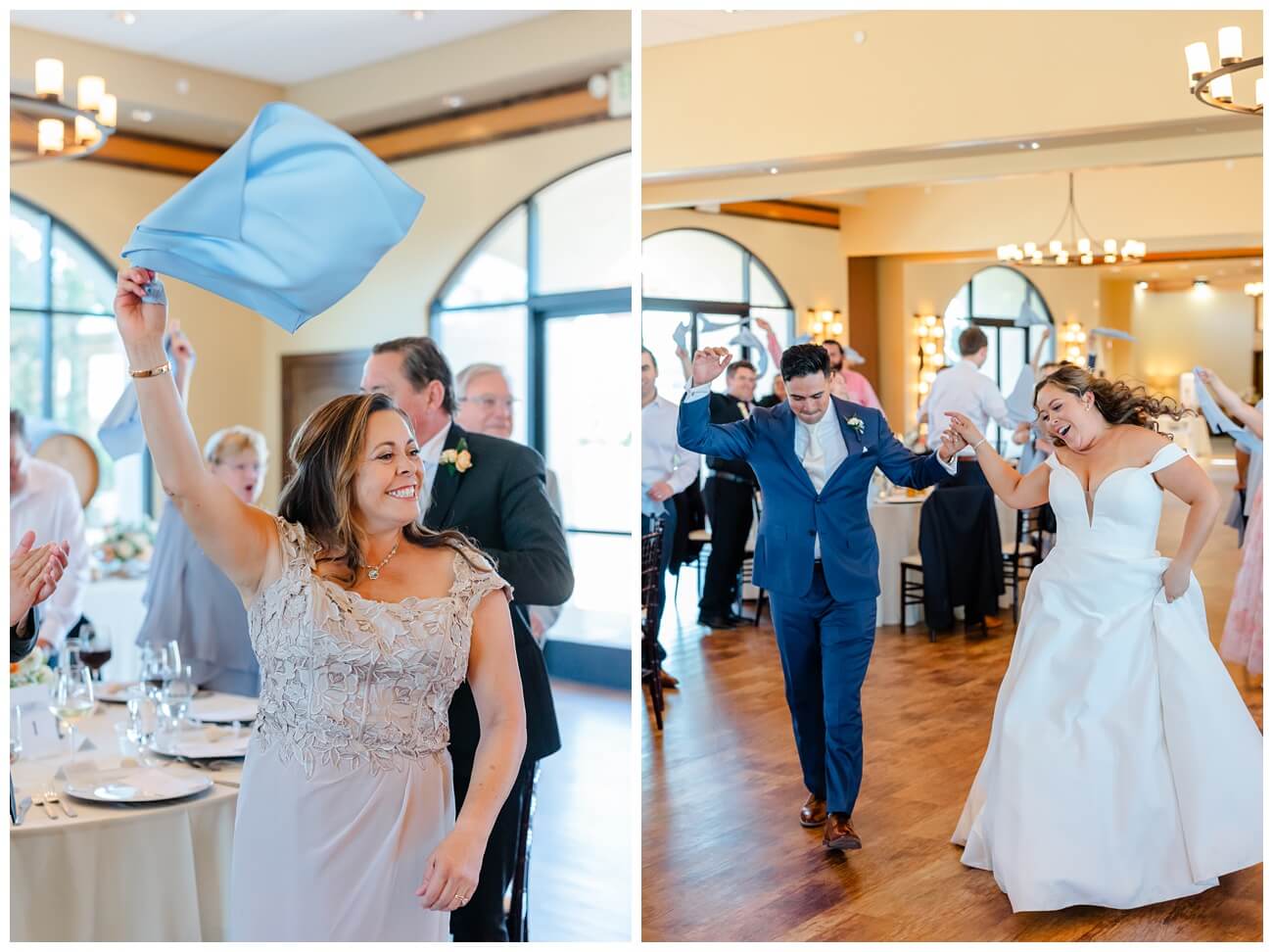 Wedding reception entrance with guests waving napkins and bride and groom dancing at Garre winery wedding Livermore CA