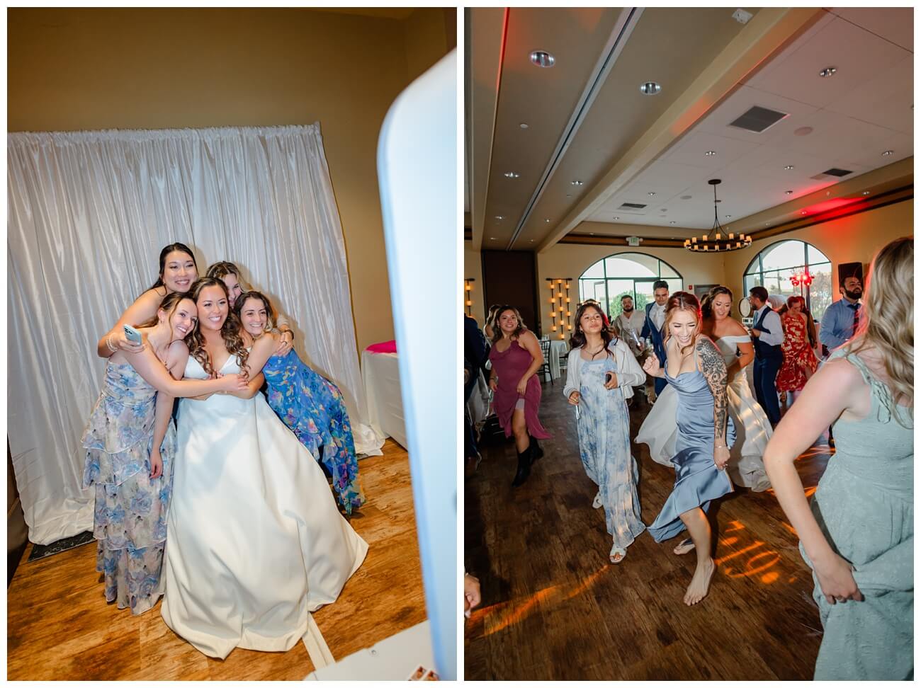 Bride and bridesmaids taking photo booth picture during wedding reception at Garre winery Livermore